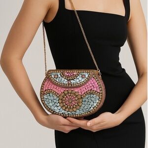 Ramla Beverly Hills Clutch Pink Mother Of Pearl Mosaic Gold Handmade NEW